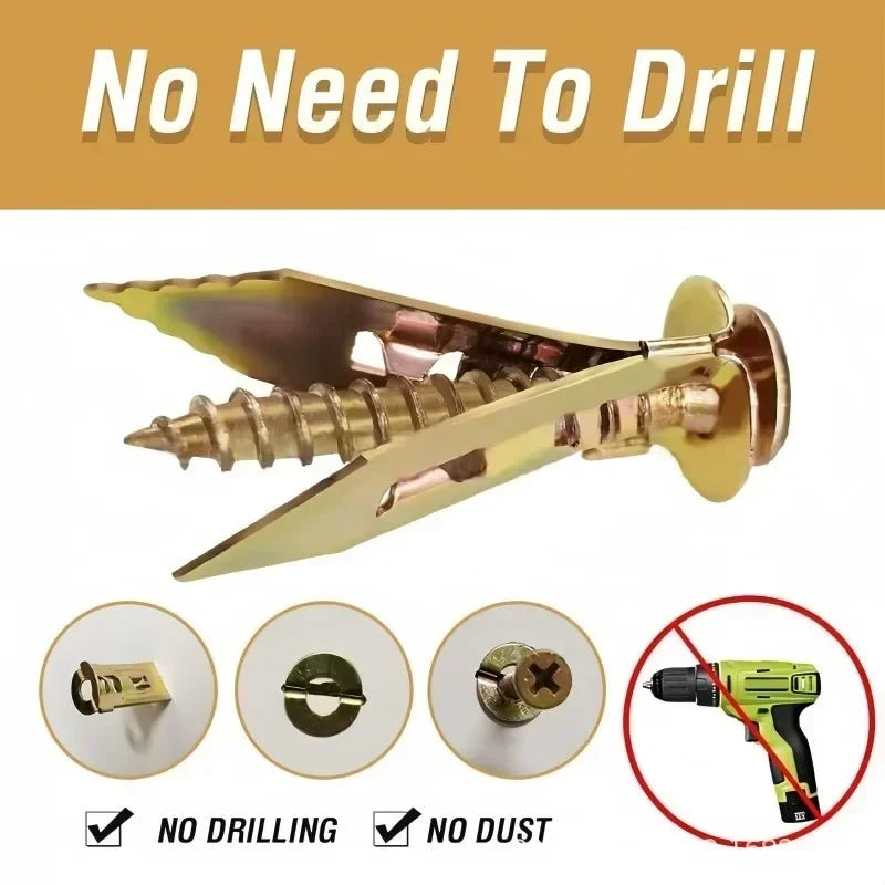 A heavy-duty self-drilling drywall anchor tool with a gold-colored tip and a black handle, shown next to related accessories.