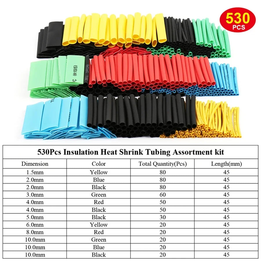 Assortment kit of heat shrink tubing in various colors and diameters for wire protection