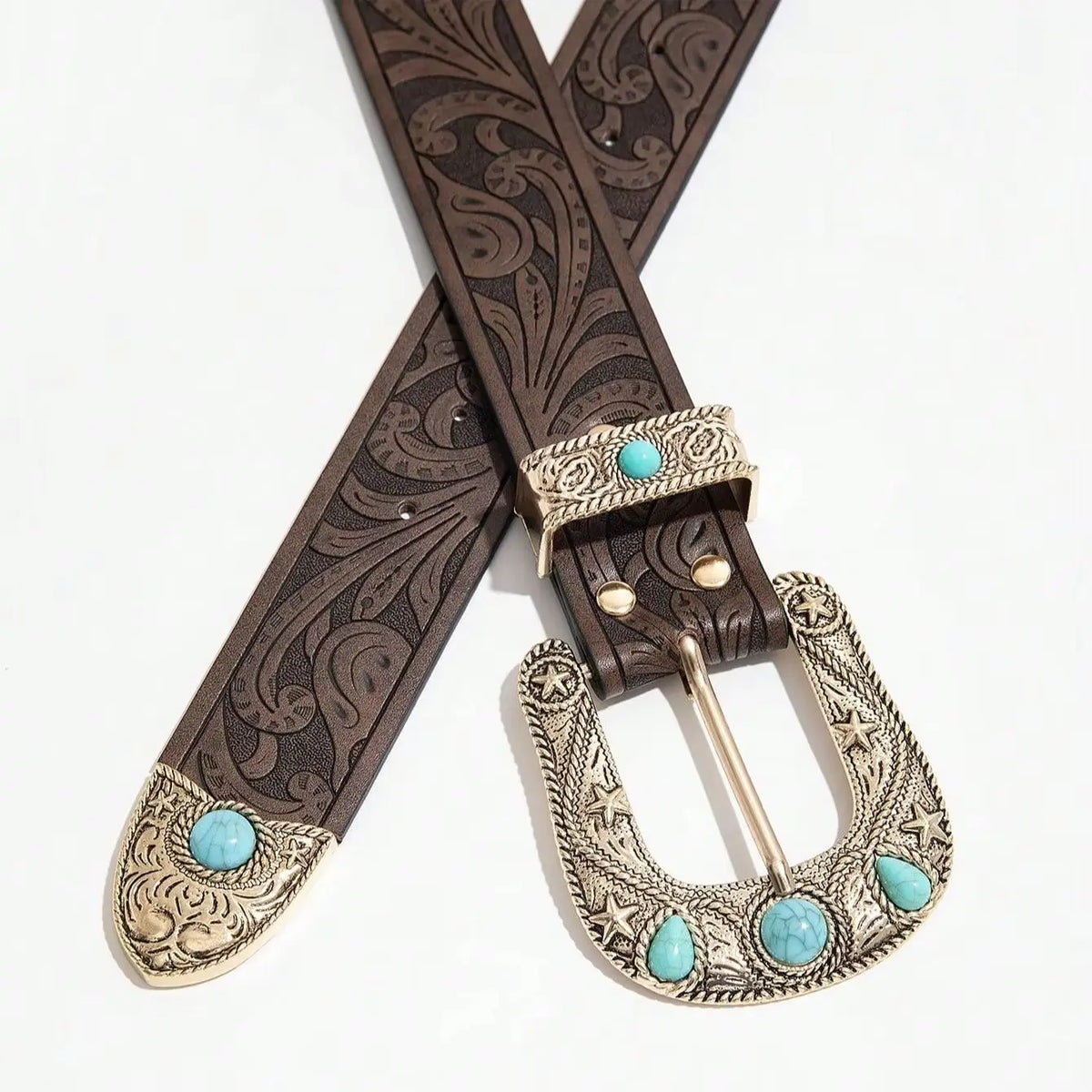 Vintage PU Leather Belt with Carved Buckle for Women
