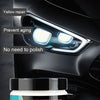 A bottle of LENRESTORPST headlight yellow restorer paste shown next to a car headlight assembly.