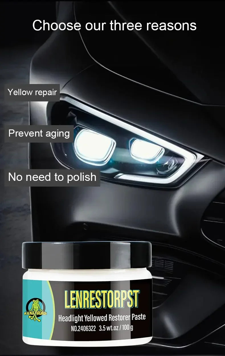 A bottle of LENRESTORPST headlight yellow restorer paste shown next to a car headlight assembly.