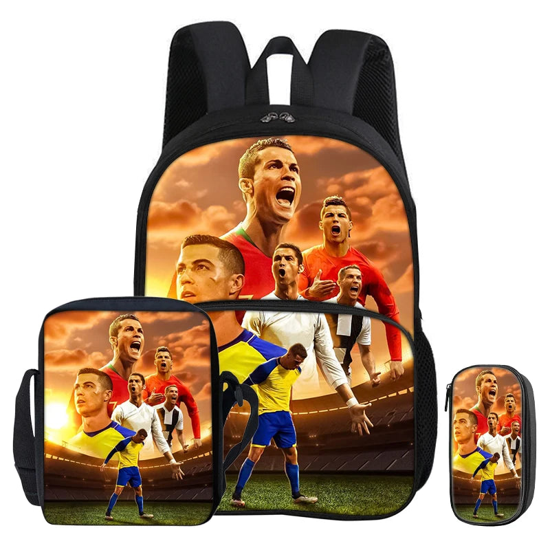 A black backpack featuring a large graphic of football players celebrating on a field.