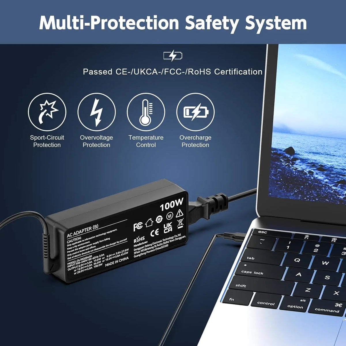 A 100W AC adapter for laptops, featuring multi-protection safety systems like overvoltage and temperature control.