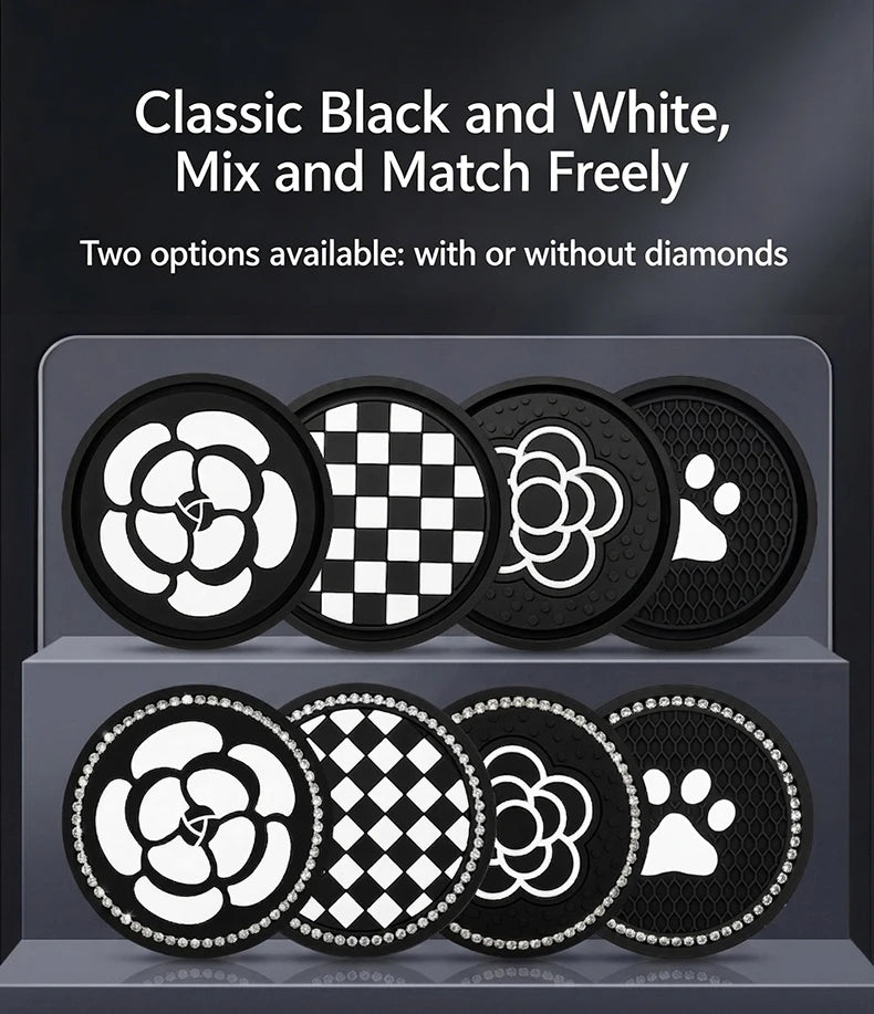 Black and white non-slip coasters with camellia and paw patterns, available with or without diamonds.