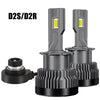 D2S/D2R LED headlight bulbs shown with their base and housing components.