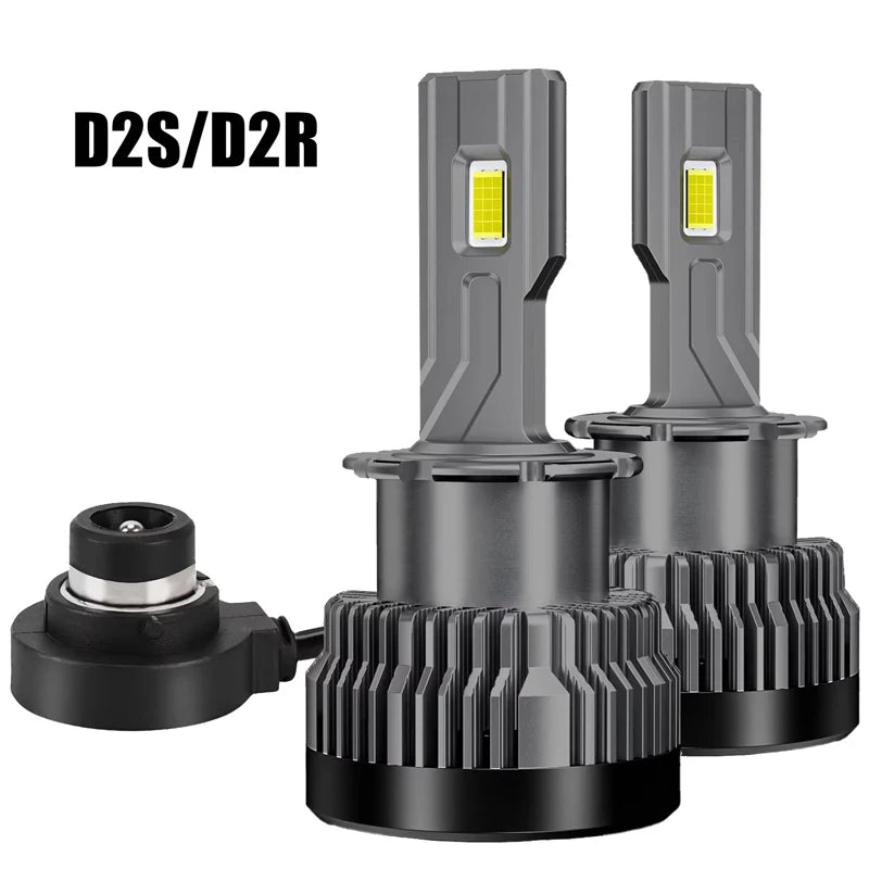 D2S/D2R LED headlight bulbs shown with their base and housing components.