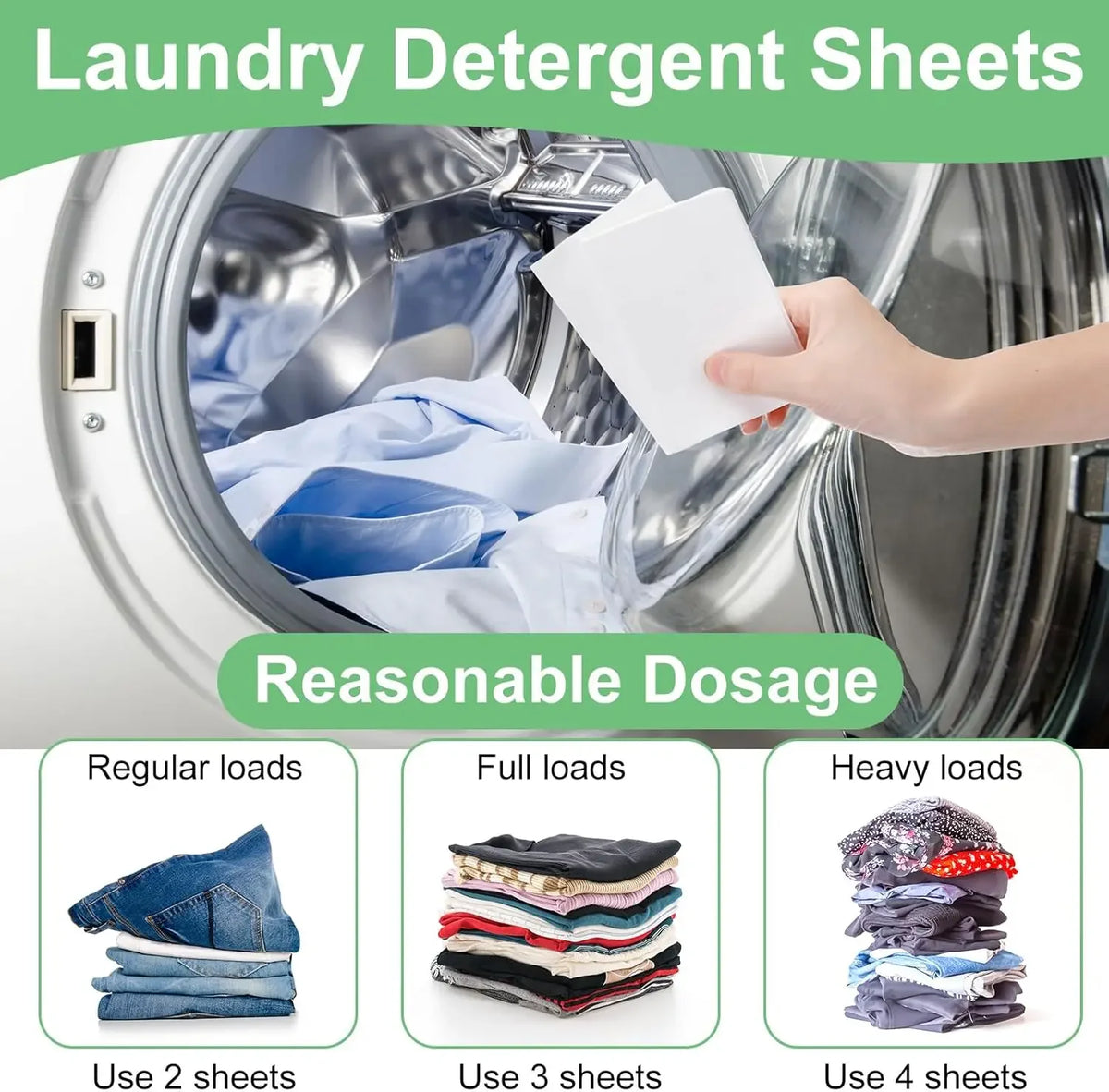 Laundry detergent sheets being added to a washing machine drum for a reasonable dosage