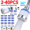 A set of faucet filter elements and a 360 degree rotating kitchen faucet with a splash guard.