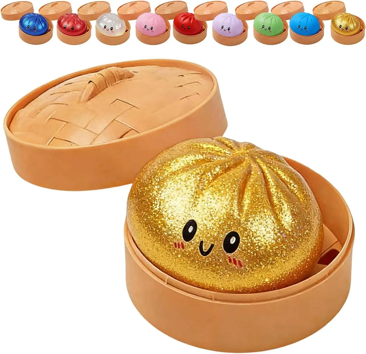 A set of colorful glitter dumpling squishy toys in various pastel colors and a large golden glitter dumpling.
