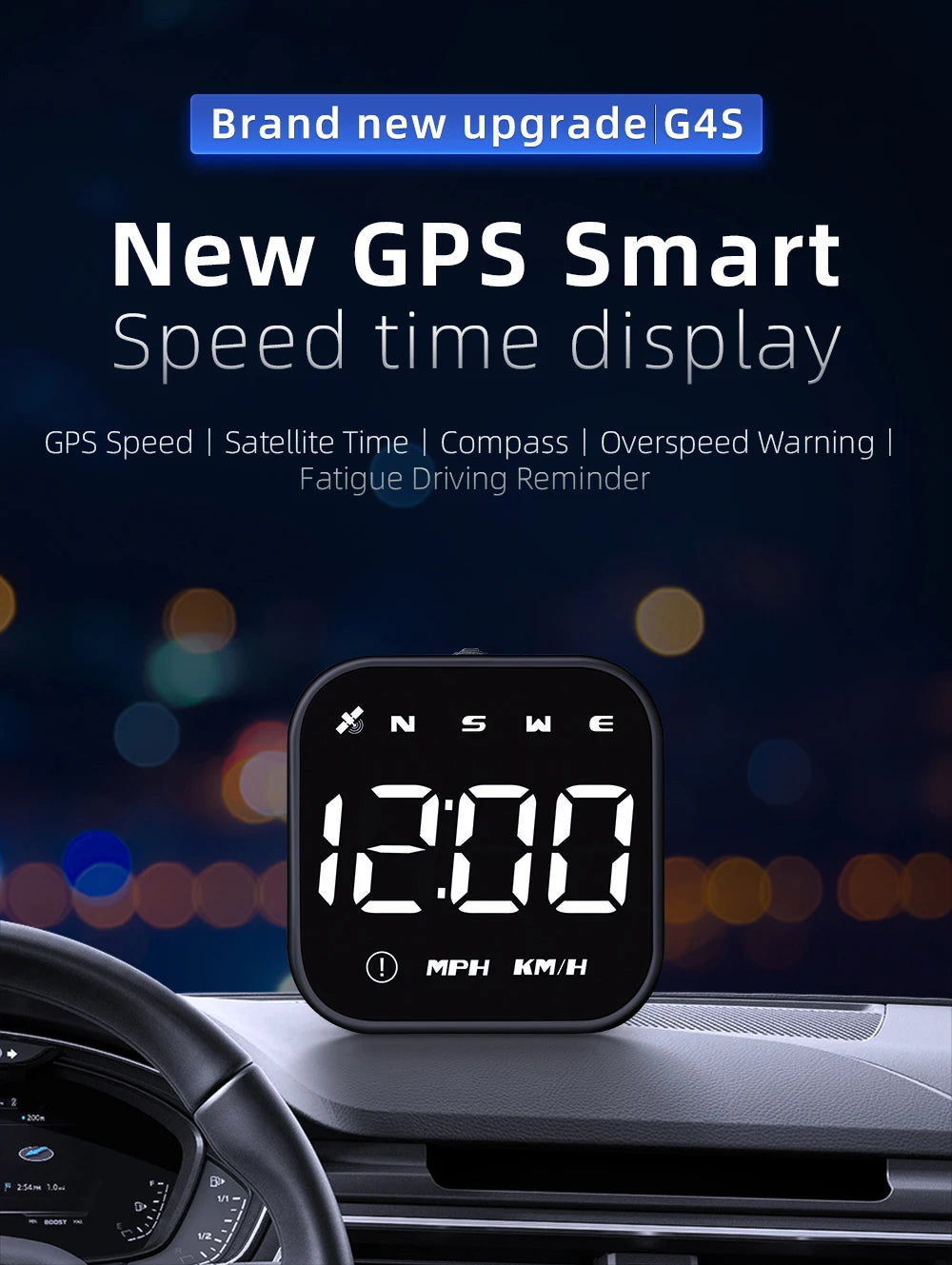 A black GPS smart speed time display is shown mounted on a car dashboard.