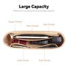 A tan felt purse organizer insert showing various pockets including a zipper pocket, main pocket, and multiple side pockets.