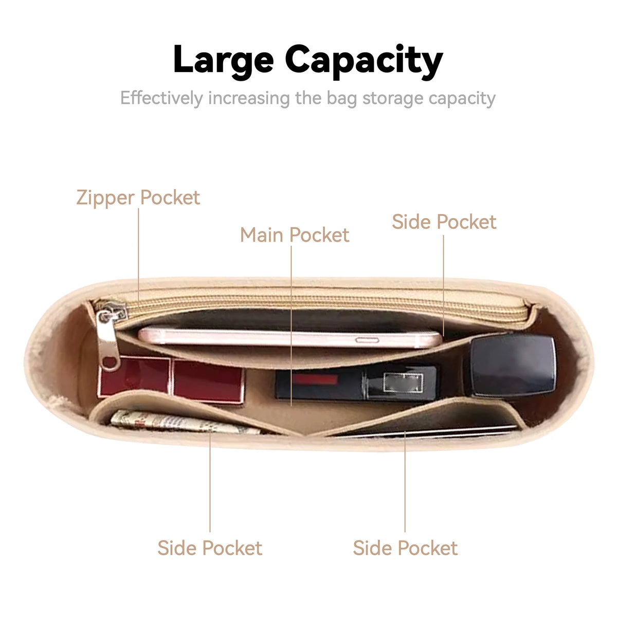 A tan felt purse organizer insert showing various pockets including a zipper pocket, main pocket, and multiple side pockets.