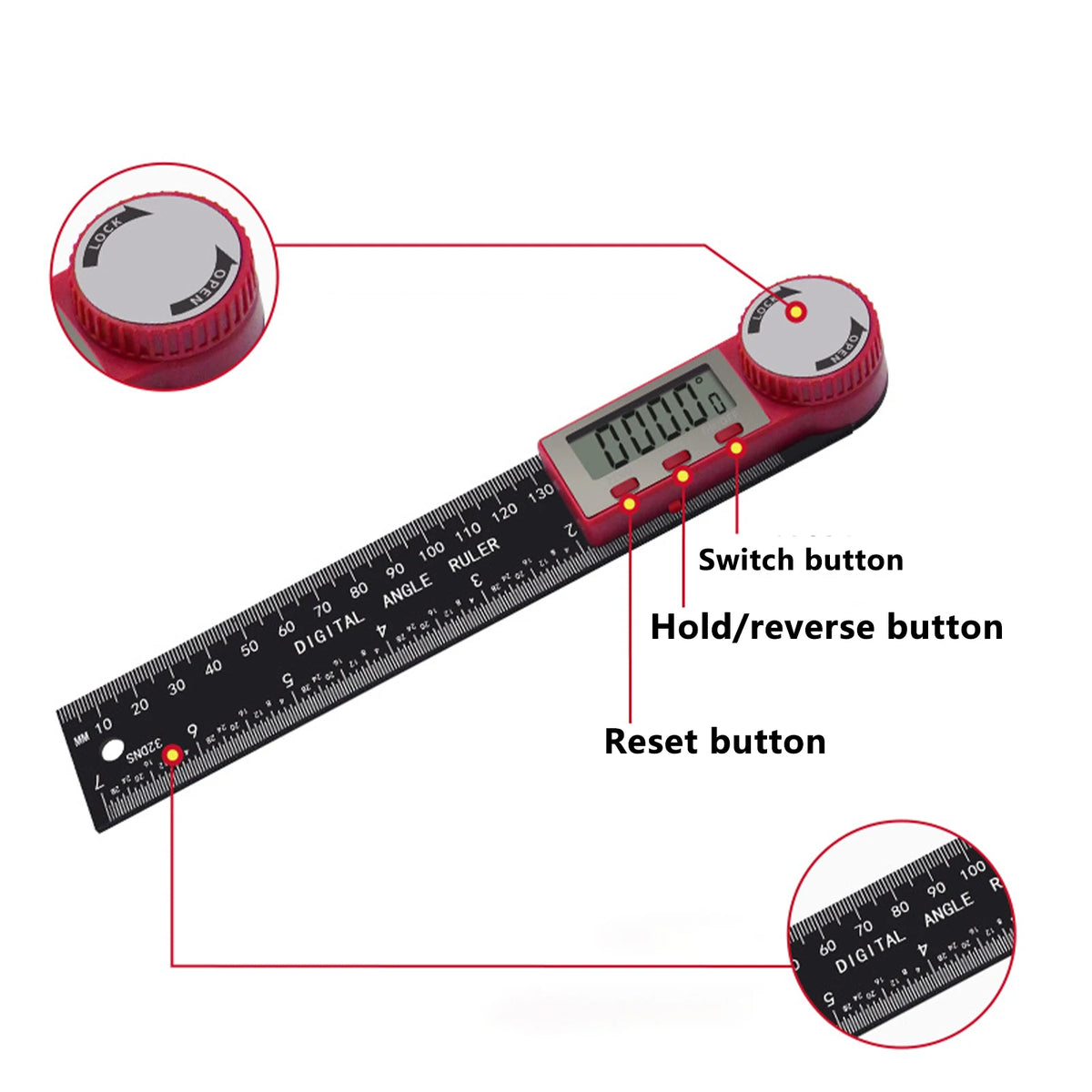 A digital angle ruler with a red casing and various buttons is shown alongside an angle scale.