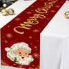 A festive red table runner featuring gold sparkling text and Christmas snowflakes with a Santa Claus illustration.