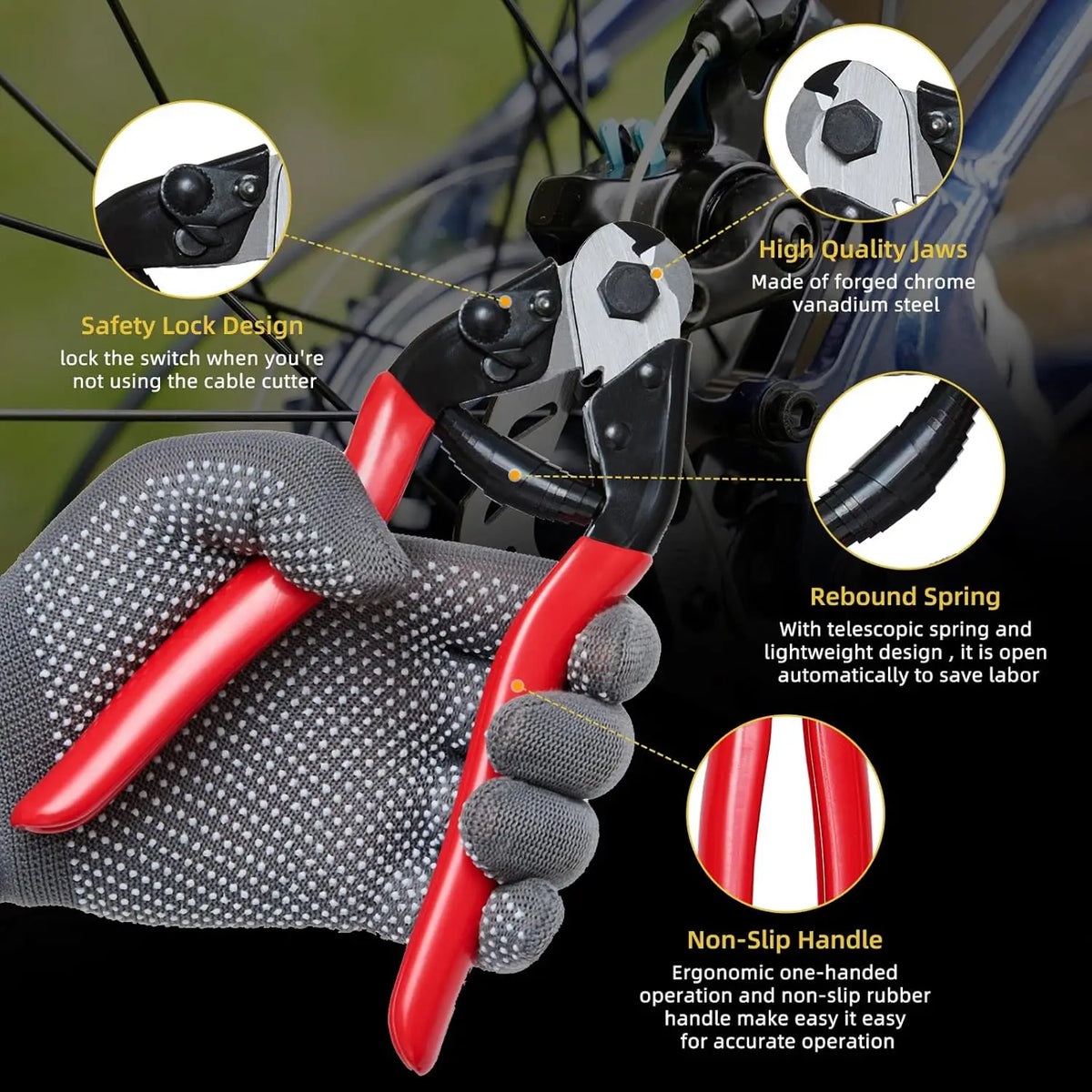A hand holds a black bicycle brake and shift cable replacement kit with a red handle, showing its design features.