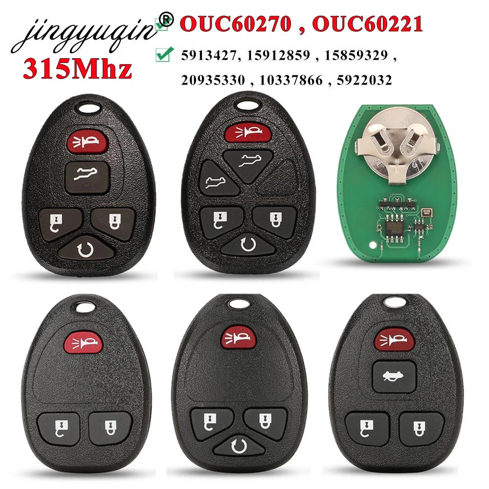 Four black replacement car key fobs with key blanks for Select GM vehicles shown in various angles