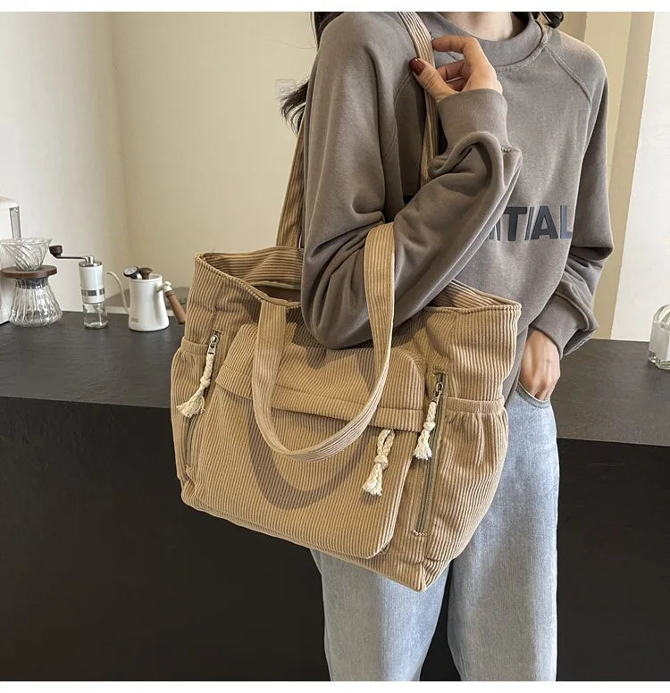 Classic Corduroy Tote Bag with Multiple Pockets