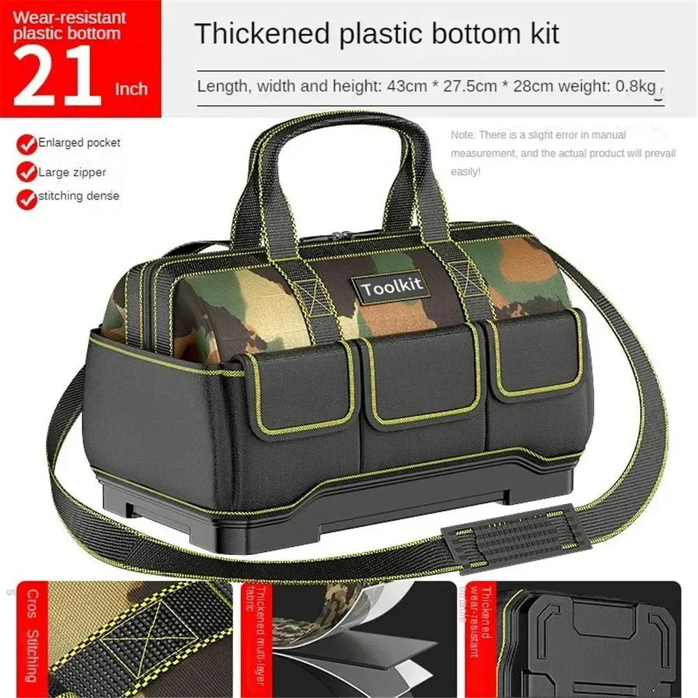 Black tool kit bag with a thick plastic bottom and camouflage fabric, shown from above.