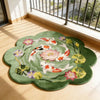 A plush rug featuring a colorful pattern of koi fish in pink, white, and orange on a green background.