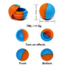 Flexible silicone travel jar with orange and blue color sections shown from the top, front, and bottom views.