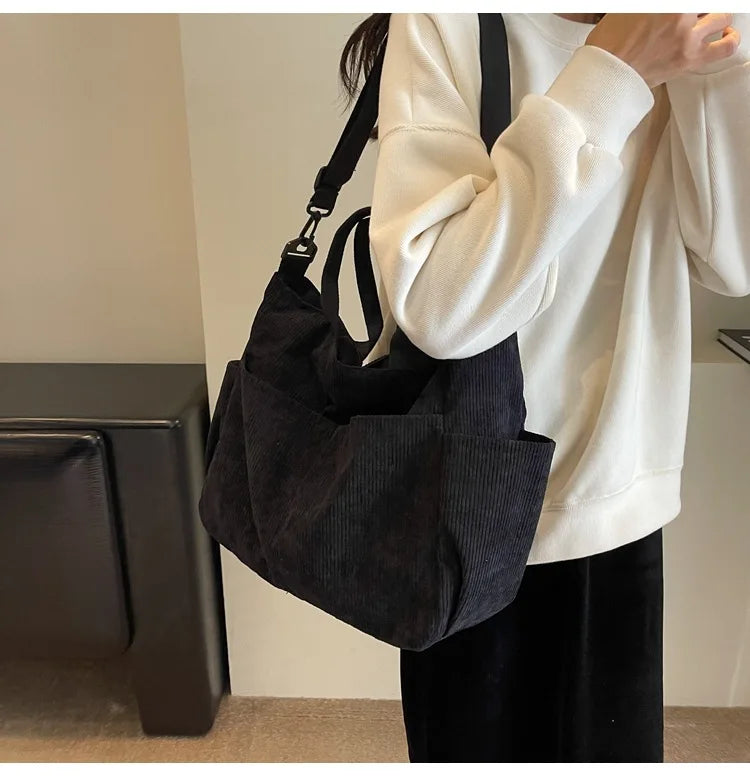 Multi-Pocket Corduroy Tote Bag – Large Capacity Casual Satchel for Travel, Work & Commute