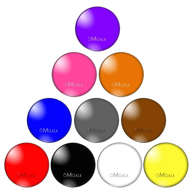 A collection of ten round glass photo cabochons in various colors including purple, pink, orange, blue, black, red, and yello