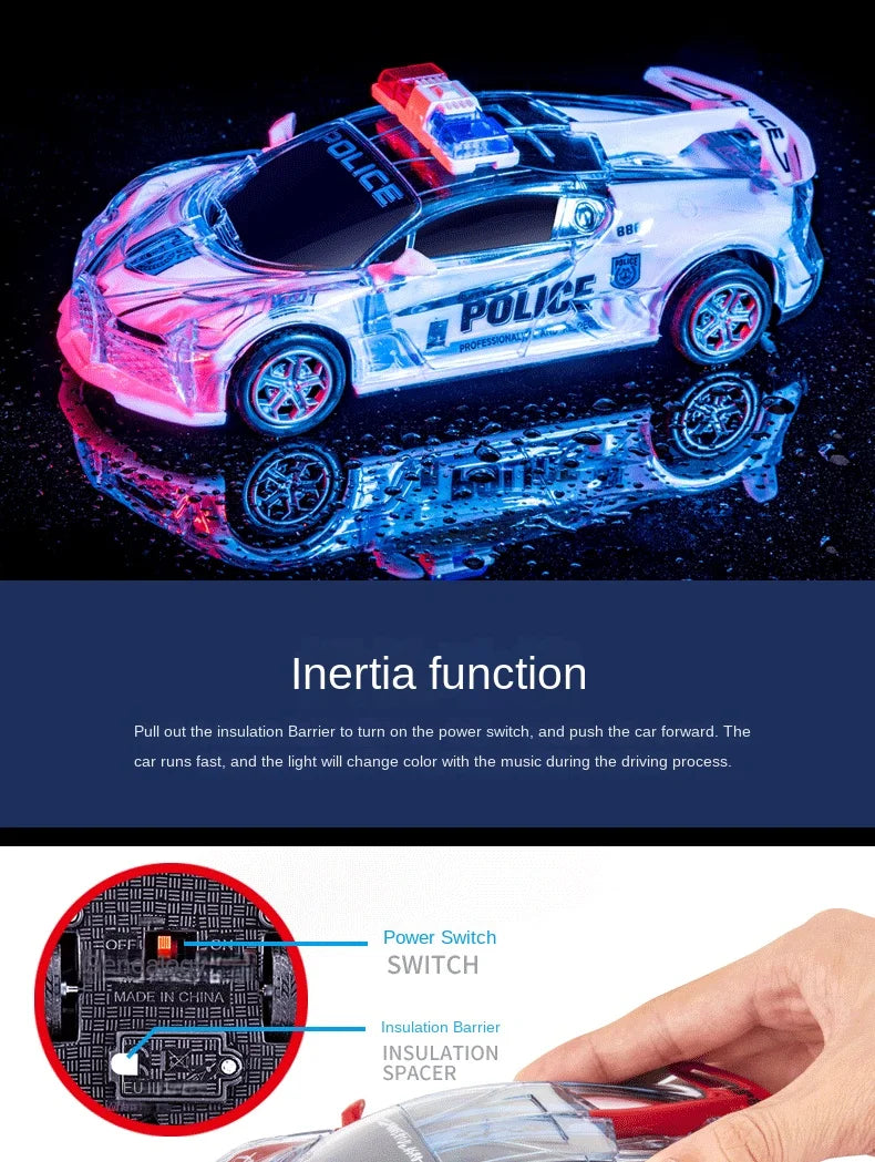 A clear plastic police car toy with flashing lights is shown, demonstrating an inertia function and featuring a power switch 