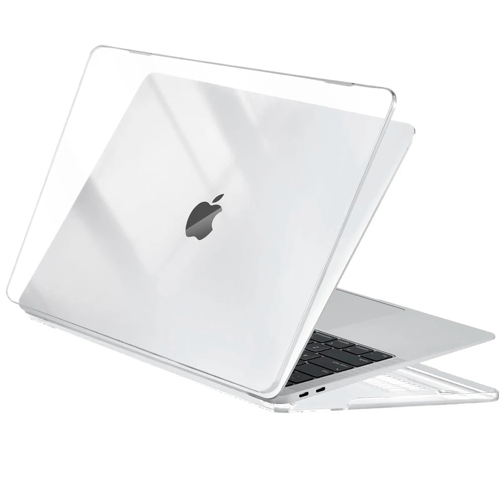 A clear hard shell case protecting a silver MacBook Air laptop with a keyboard.
