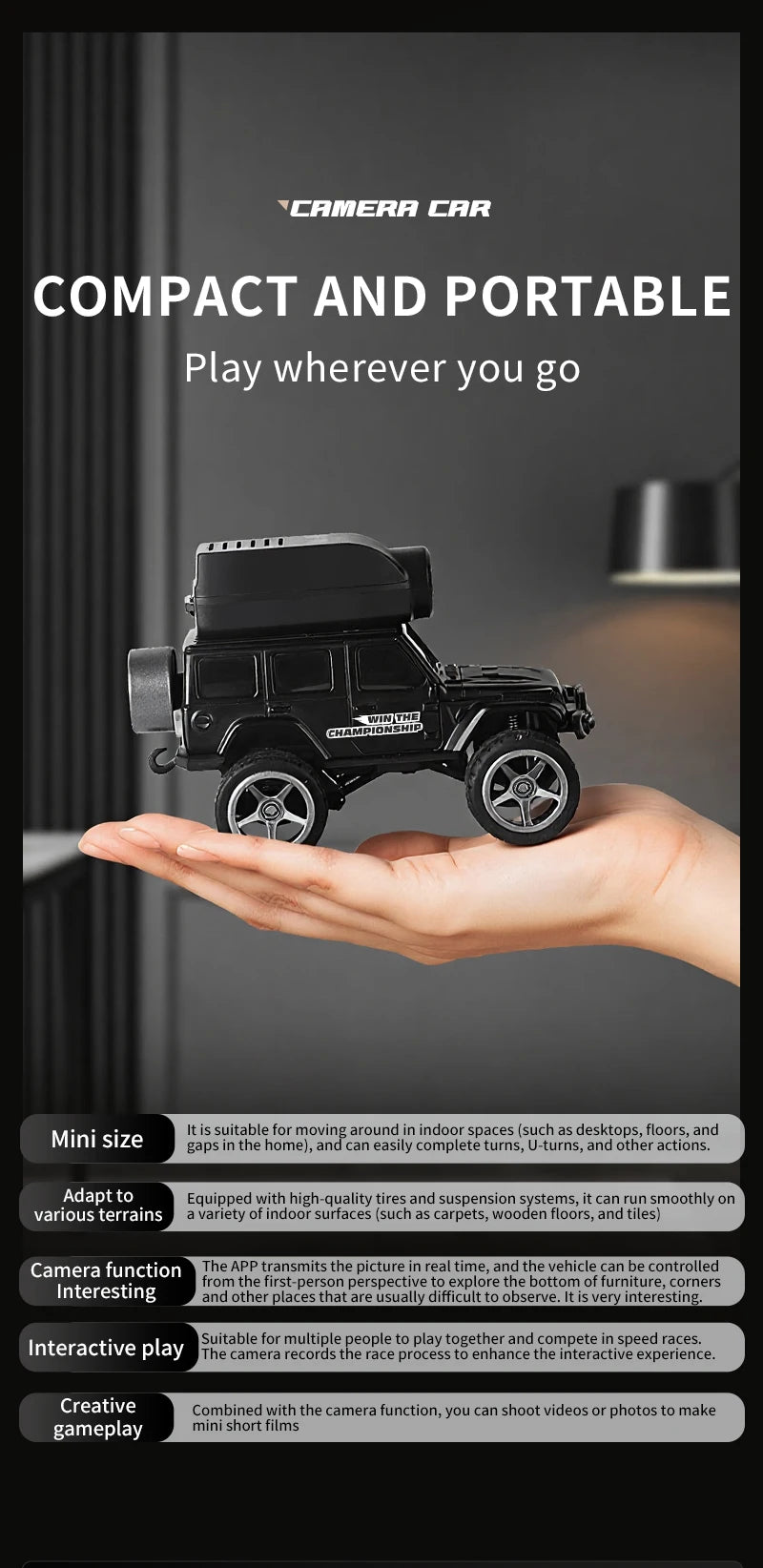 1:64 Scale RC Climbing Car with HD Camera and LED Lights