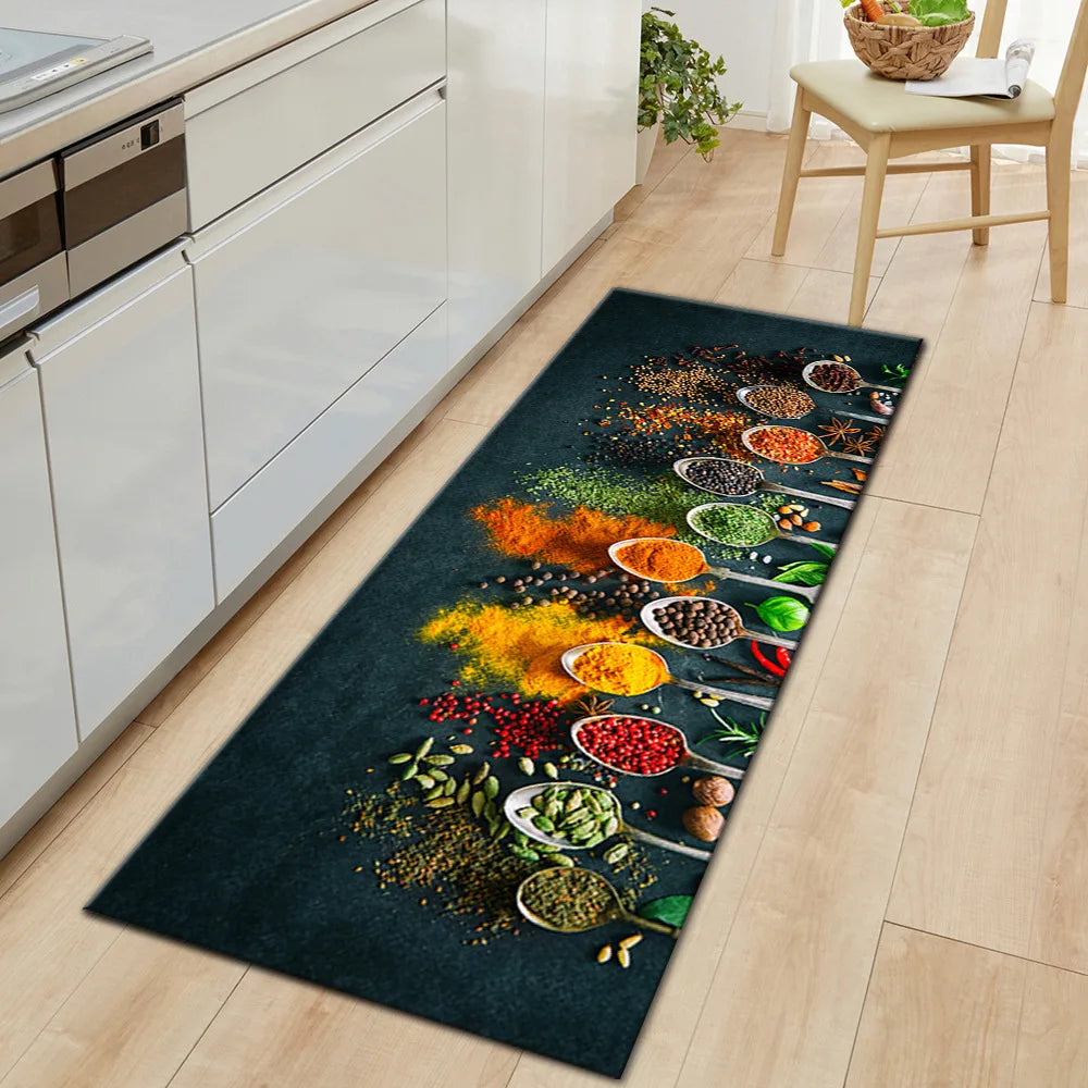 A dark kitchen rug featuring a colorful display of various spices and herbs.