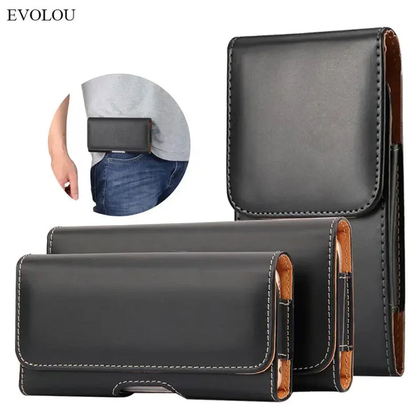 A dark gray leather belt clip phone case and holster shown next to a person's hand.