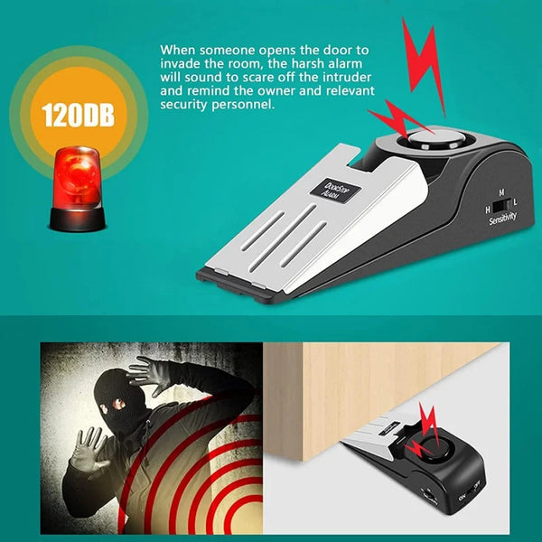 Un coupe-porte anti-vol noir avec une alarme lumineuse rouge et un graphique d'alerte de sécurité.