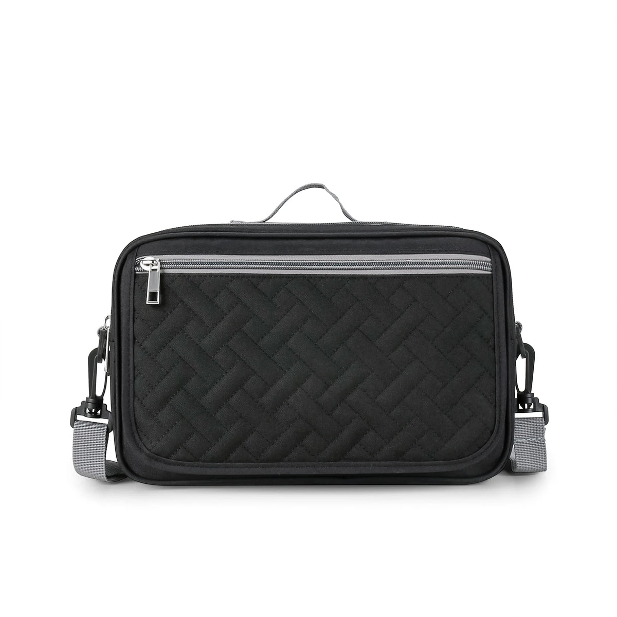 Black compact stroller diaper bag organizer with a zippered compartment and carrying straps.