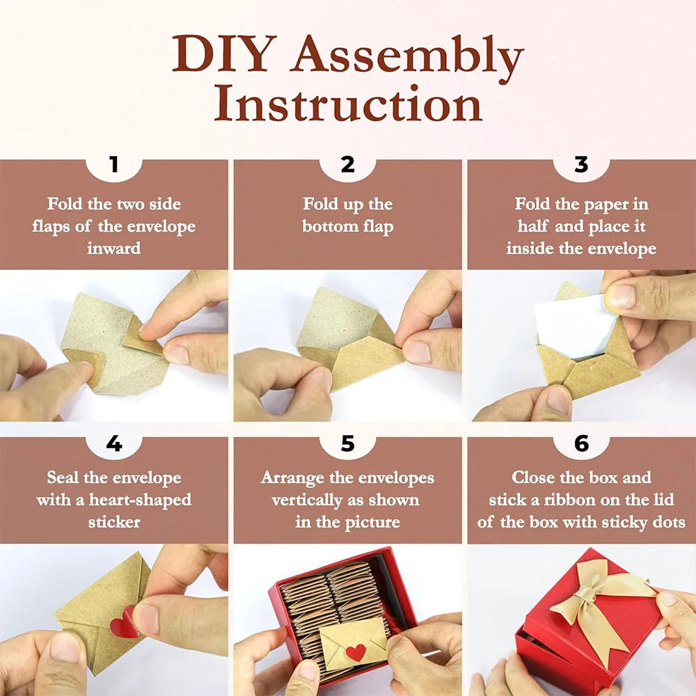 DIY assembly instructions showing how to fold and seal blank note cards and envelopes into a box
