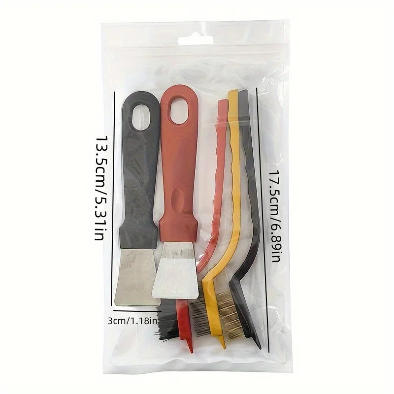 A set of kitchen cleaning brushes and scraper tools in various colors stored in a clear plastic bag.