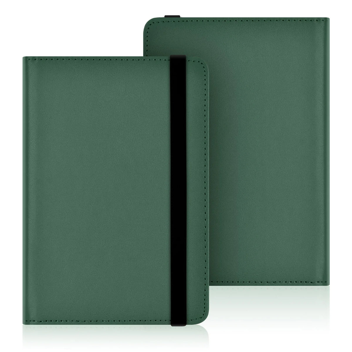 A dark green universal e-reader case with a black hand strap shown in a vertical view.