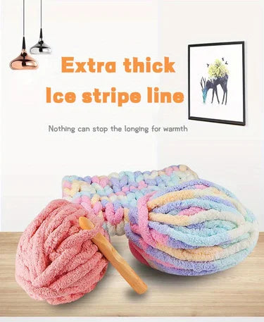 A ball of pink and purple extra thick ice stripe line chenille yarn for knitting projects.