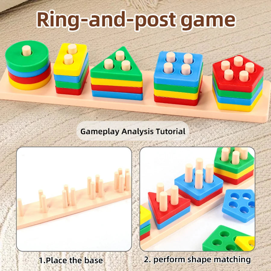 A set of ring-and-post game blocks in various colors stacked on a wooden board for shape matching.