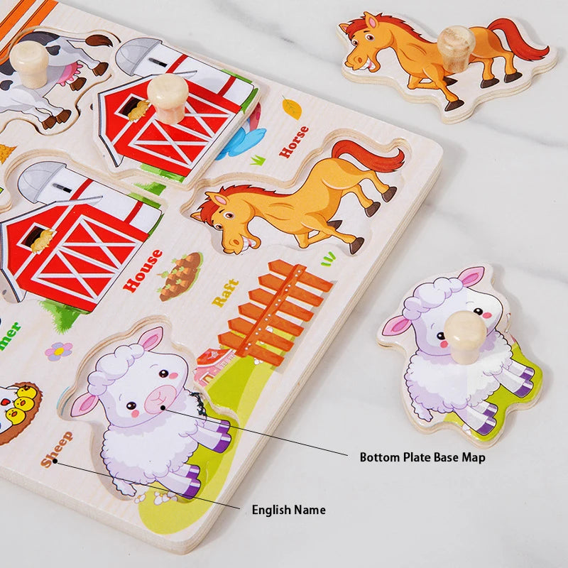Wooden 3D jigsaw puzzle featuring various animals like horses and sheep on a board