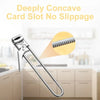 A close-up view of a deeply concave card slot jar opener made of stainless steel.