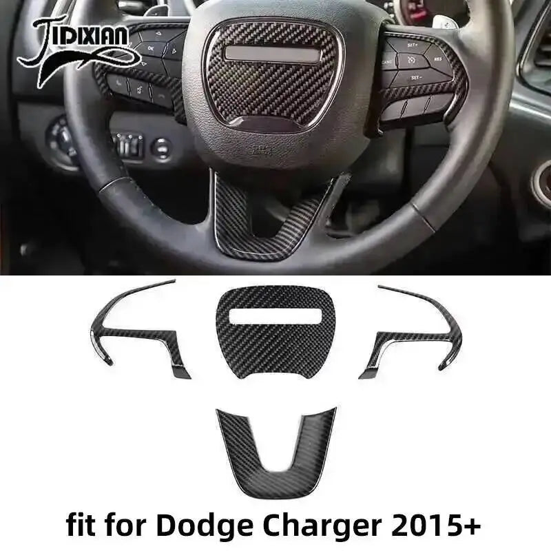 Carbon fiber interior trim kit for Dodge Charger featuring various trim pieces like steering wheel accents and console parts