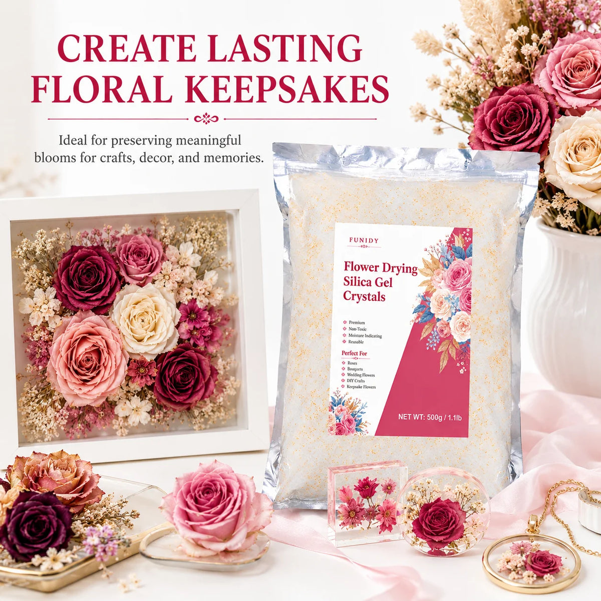 A package of flower drying silica gel crystals next to preserved roses and floral arrangements.