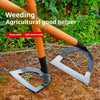 An orange handle and silver blade of a high-carbon steel handheld weeding rake lying on dry earth.