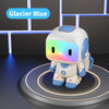 A white interactive robot named Glacier Blue with a glowing multi-colored visor standing on a circular platform.