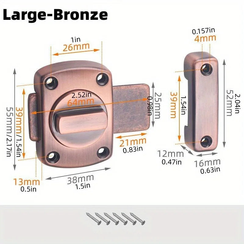 A large bronze swivel bolt door lock with various dimensions and mounting hardware.