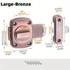 A large bronze swivel bolt door lock with various dimensions and mounting hardware.