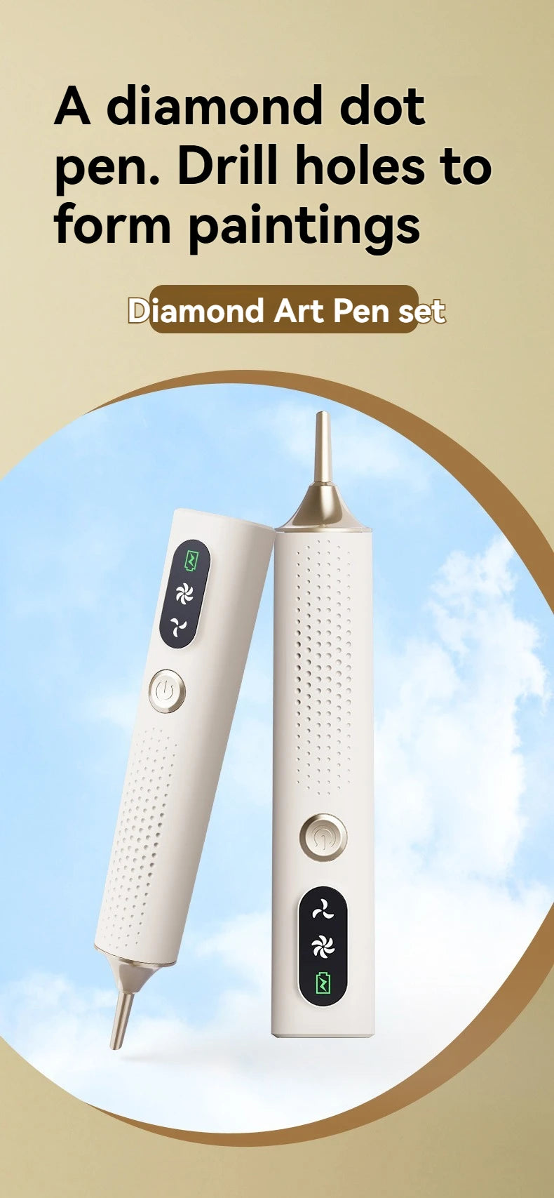 A set of two white diamond art pens with vacuum suction and two speed settings shown against a light blue sky background.