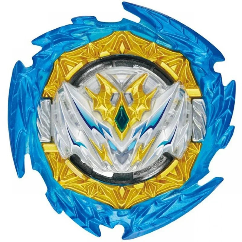 A blue and gold battle spinning top with a clear center design.