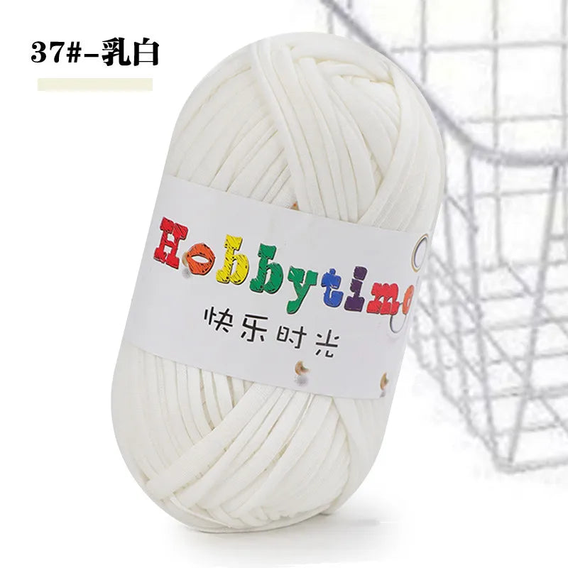 White hobbytime soft T-shirt yarn for crochet and knitting used in a mesh basket