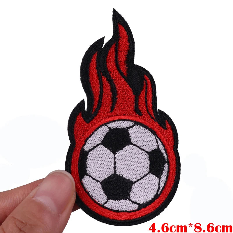 Red and black flame design with an embroidered soccer ball patch